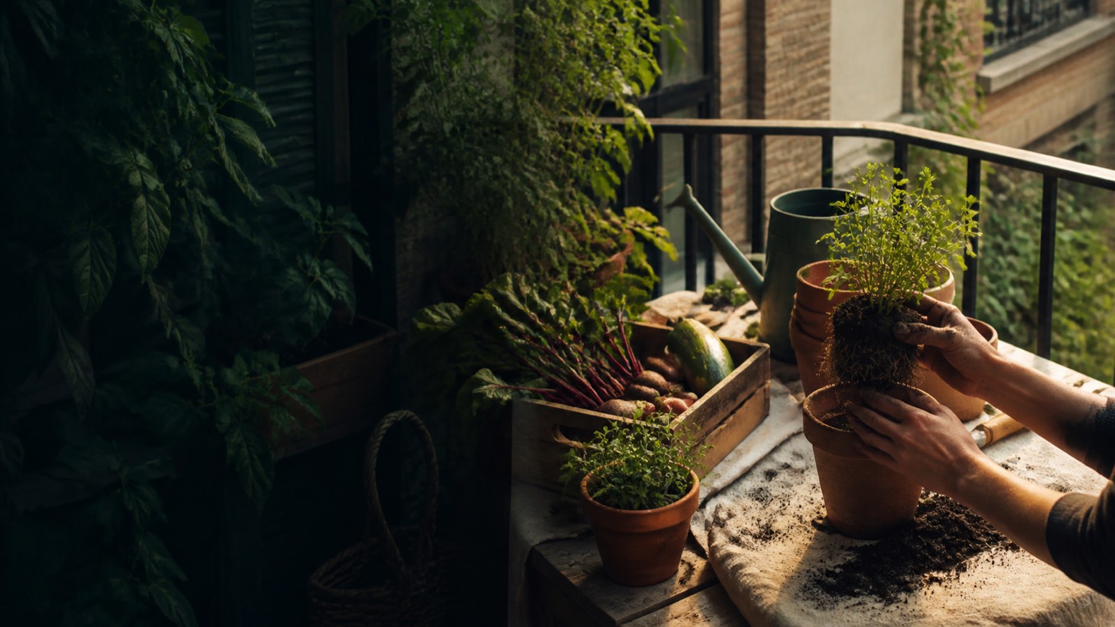 Balcon cultivé avec pots de terre cuite, légumes et outils de rempotage