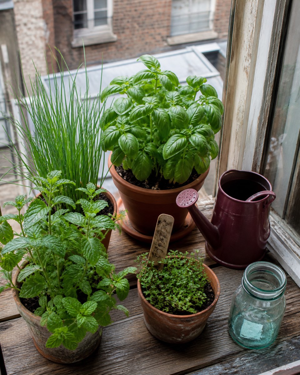 Herbes en pots sur un rebord de fenêtre dans un appartement